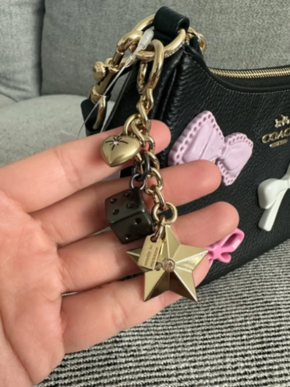 NWT COACH CDY93 Teri Shoulder Bag With Bows And Charms Pebble Leather Black